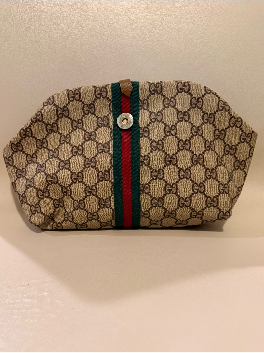 Gucci Brown GG Canvas Cosmetic Pouch with Green-Red Web